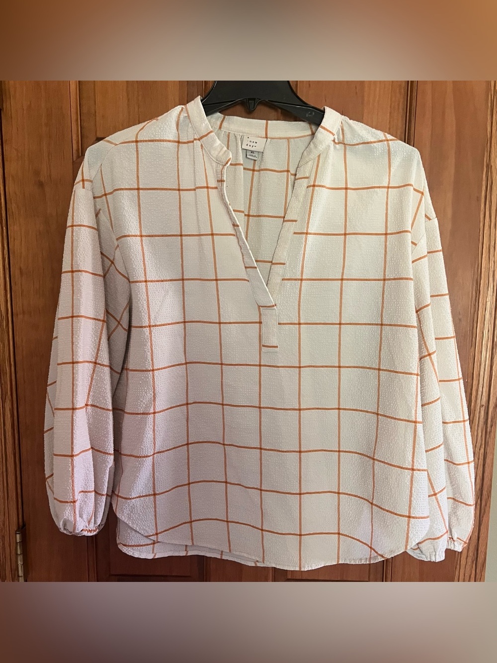 A New Day- White Windowpane Blouse with Tan Grid-XL